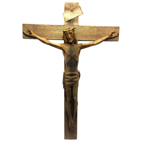 American Art Deco Carved Wood Crucifix Sculpture