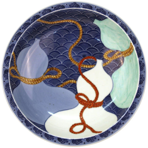Japanese Nabashima Porcelain Blue Plate with Three Sake Bottle Motif