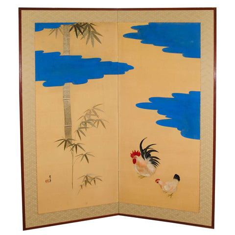 Japanese Two-Panel Embroidered Screen from the Meiji Period with Scenes of Rooster and Chicken