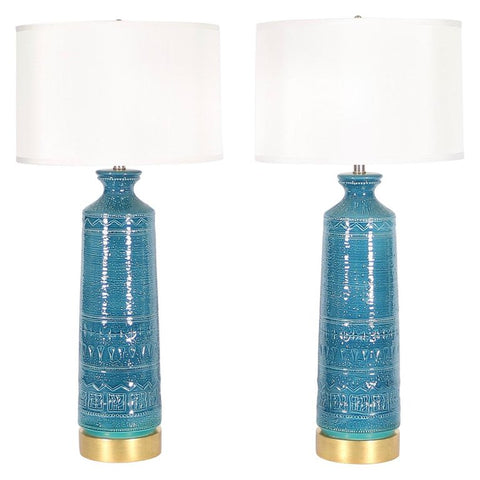 Italian Hollywood Regency Bittossi Style Lamps in Blue & Aqua Glazed Ceramic