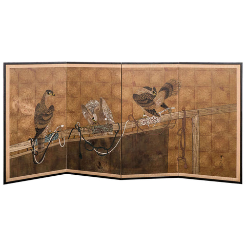 Japanese Four-Panel Screen with Painted Falcon Design, Early 20th Century