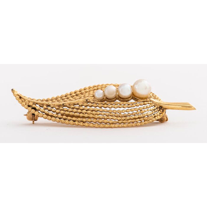 Vintage 14k Yellow Gold and Pearl Leaf Brooch Pin