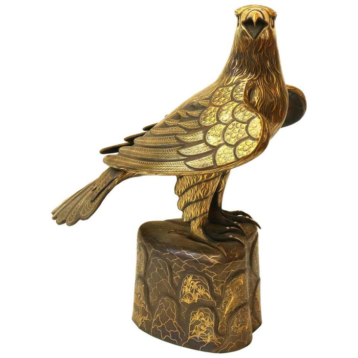 Persian Falcon Sculpture in Steel with Gold Inlay