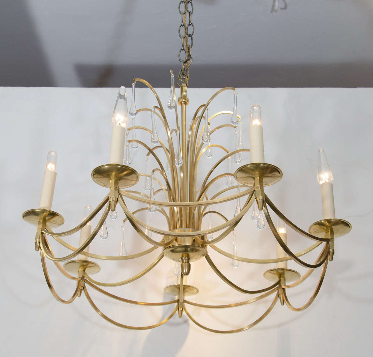 1960's Swedish Waterfall Brass and Crystal Chandelier-NYShowplace