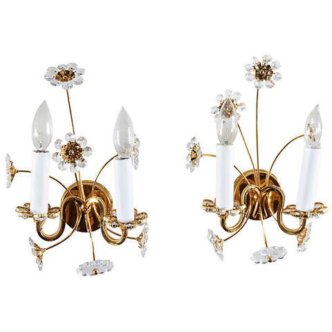 Palwa Gilt Brass and Glass Floral Sconces