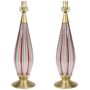 Italian Modern Murano Glass Drop Lamps with Red and White Caning, Pair (6719569690781)