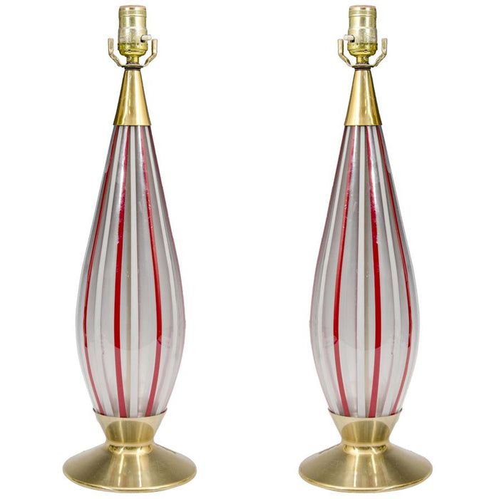 Italian Modern Murano Glass Drop Lamps with Red and White Caning, Pair