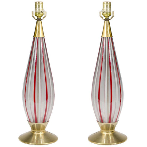 Italian Modern Murano Glass Drop Lamps with Red and White Caning, Pair