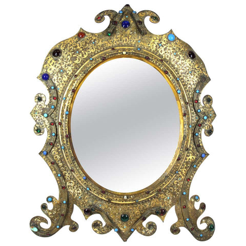 Austrian Moorish Revival Gilded Bronze Enameled and Bejeweled Oval Table Mirror