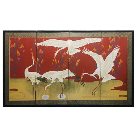 Japanese Showa Period Folding Screen with Painted Cranes