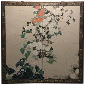 Japanese Two-Panel Folding Screen with Chrysanthemums and Morning Glories