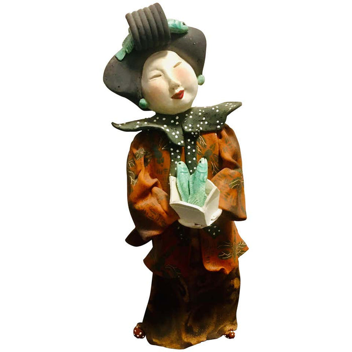 Vicky Chock "Chinese Lady Serving Fish" Modern Ceramic Sculpture