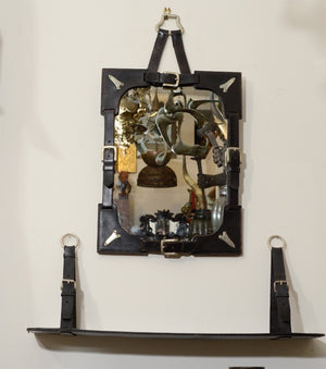 Jacques Adnet Inspired 1950s Leather Strap Wall Mirror & Shelf