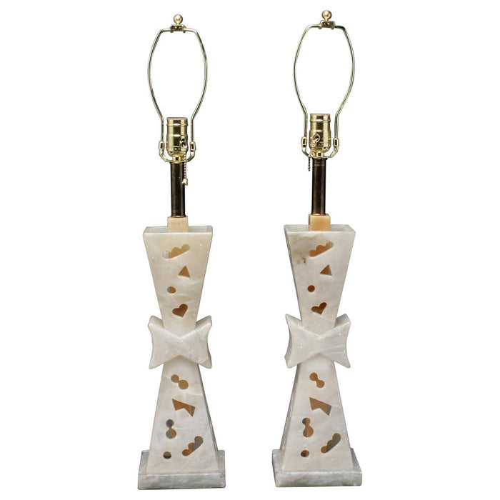 Mid-Century Modern Carved Alabaster Lamps in James Mont Style