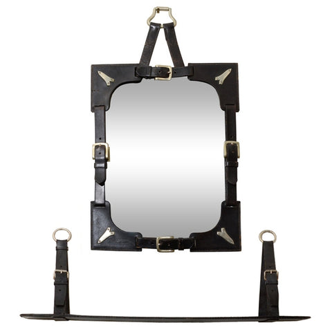 Jacques Adnet Inspired 1950s Leather Strap Wall Mirror & Shelf