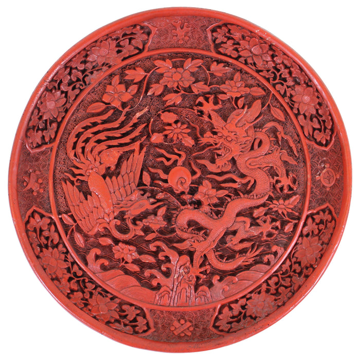 Chinese Qing Style Cinnabar Carved Plate with Dragon and Phoenix