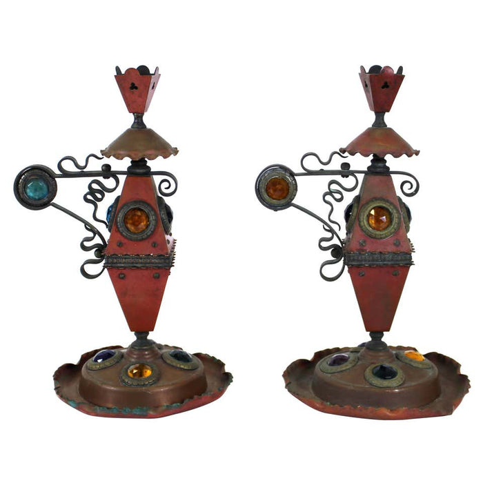 Bradley & Hubbard Aesthetic Movement Jeweled Candleholders in Copper & Iron