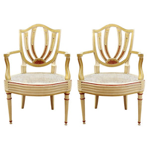 English Hepplewhite Style Paint Decorated Shield Back Armchairs (6920427176093)