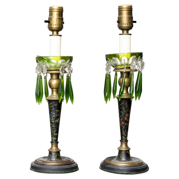 English Painted Green Glass Luster Lamps