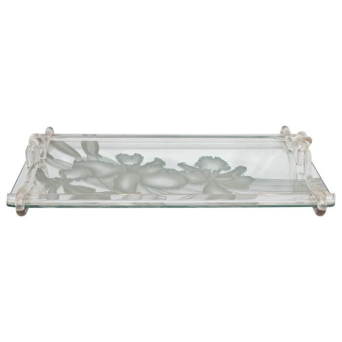Etched Glass Tray with Lucite Handles by Dorothy Thorpe
