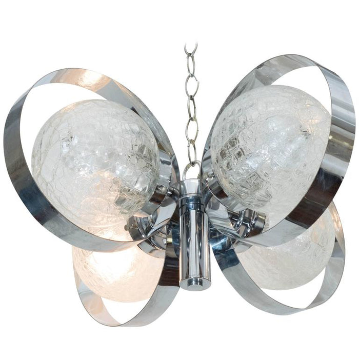 Circa 1970s Italian Chrome Ring Chandelier with Crackle Glass Globes