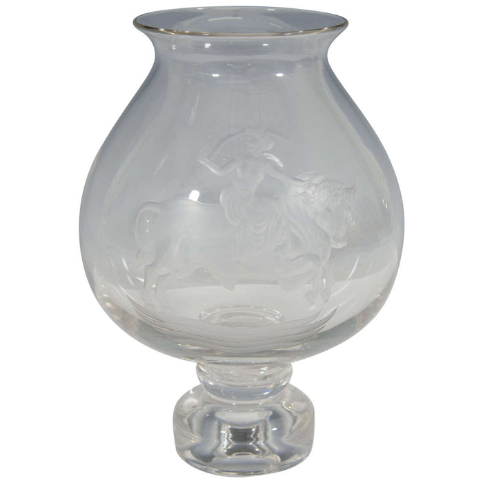 Vintage Etched Glass Vase in a Form of Urn Depicting Europa and the Bull