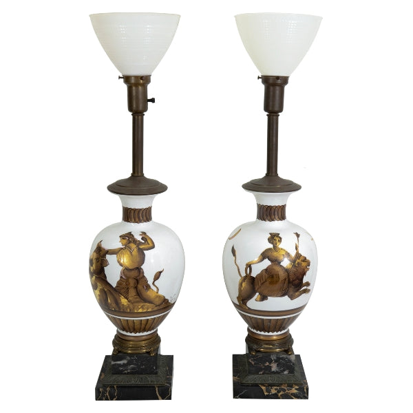 Tommi Parzinger Classical Modern Gilt White Glass Lamps