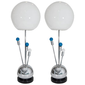 Pair of Chrome Laurel Lamps with White Glass Globe Shades and Radiating Lights (6719651741853)