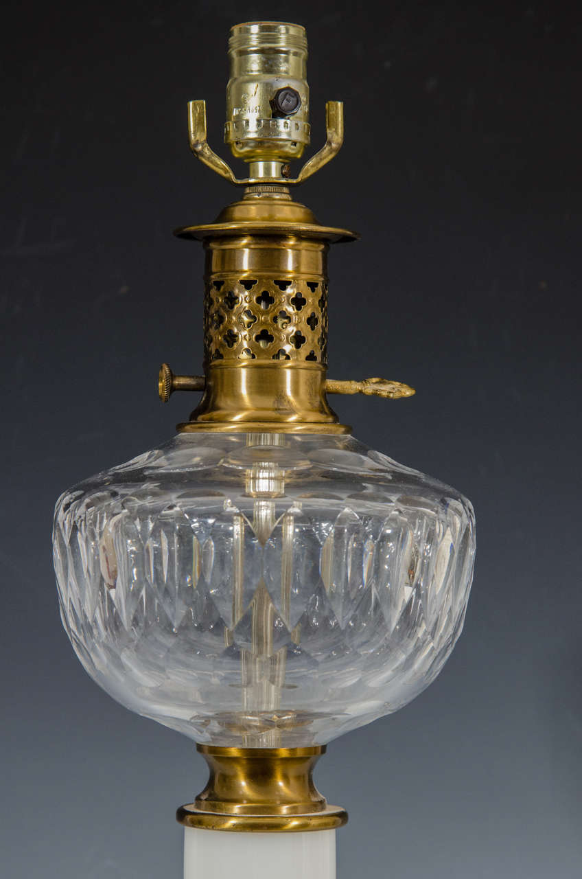 antique 1880s vintage brass oil lamp, electricfied light w/ milk glass shade