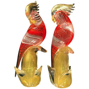 Seguso Murano Glass Red and White Latticino Birds (6719800574109)
