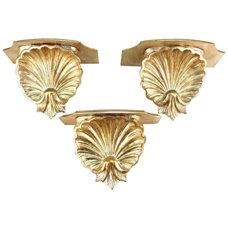 Hollywood Regency Silver Toned Shelf Wall Sconces in Shell Form-NYShowplace