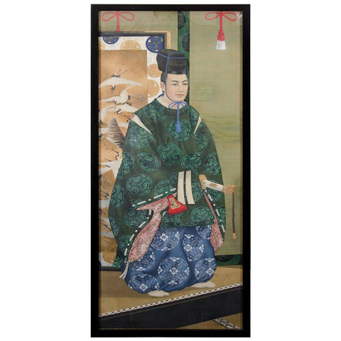 Meiji Period Japanese Imperial Painting on Silk, with Green Robed Man