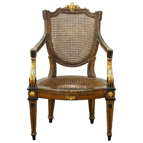 Continental Neoclassical Masque Carved & Parcel Gilt Arm Chair