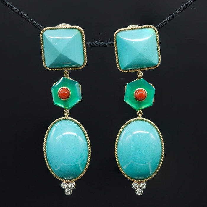 Earrings with Sleeping Beauty Turquoise, Green Agate, Coral and Diamonds.