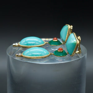 Earrings w/ Sleeping Beauty Turquoise, Green Agate, Coral and Diamonds. (6831052292253)