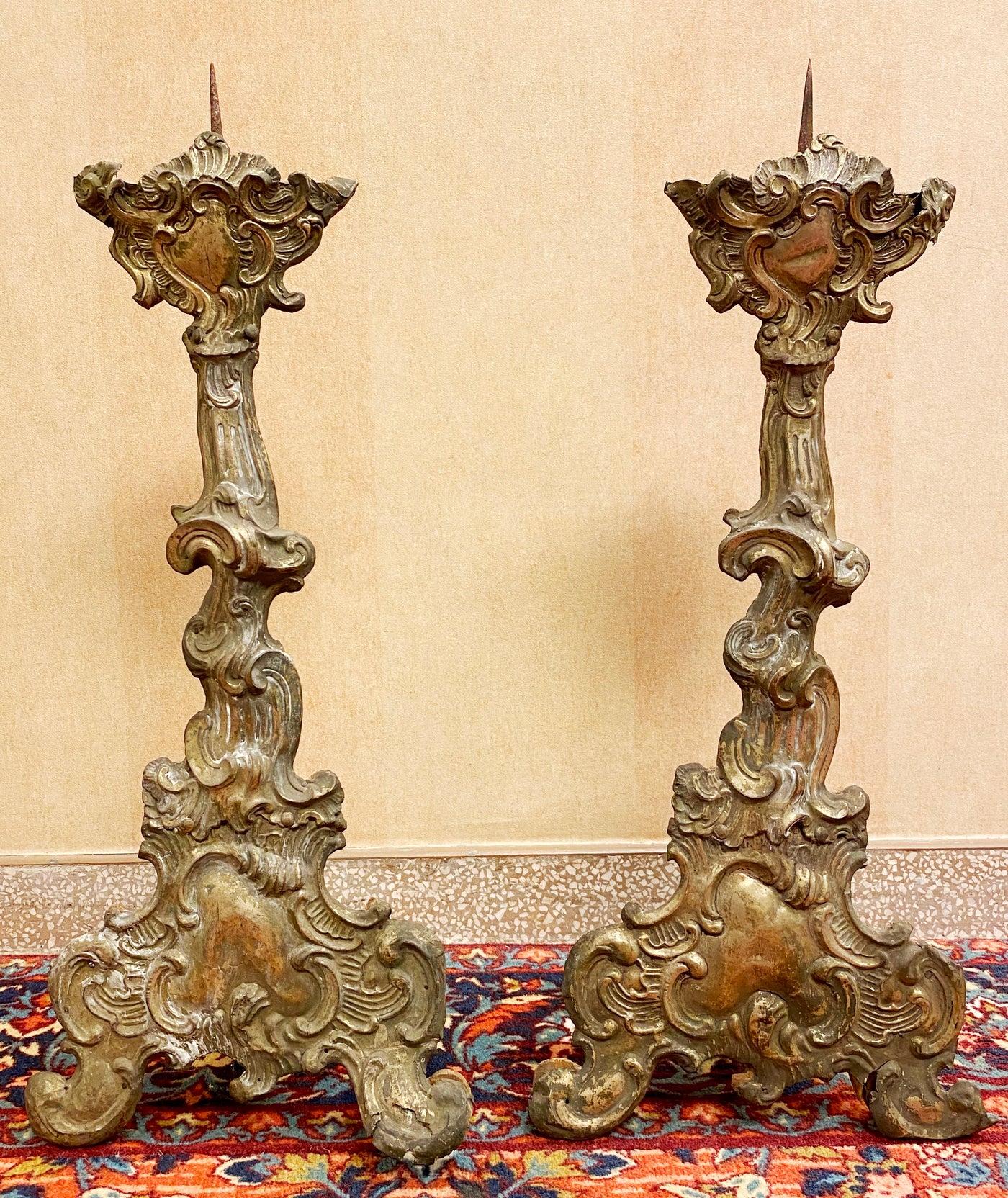 Pair of Large Early Spanish or Italian Altar Candlesticks