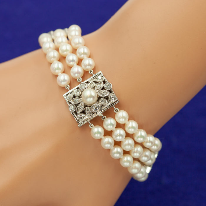 Triple Strand Pearl Bracelet with Diamonds
