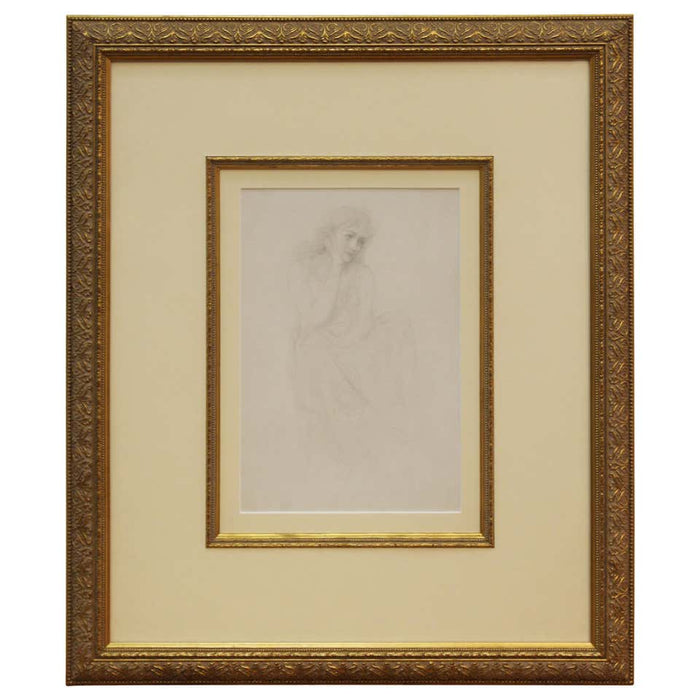 Academic Pencil Drawing of Pensive Woman, Framed