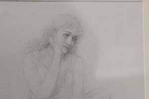 Academic Pencil Drawing of Pensive Woman, Framed (6719968051357)
