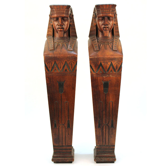 American Egyptian Revival Carved Wood Pair of Pharaoh Caryatids