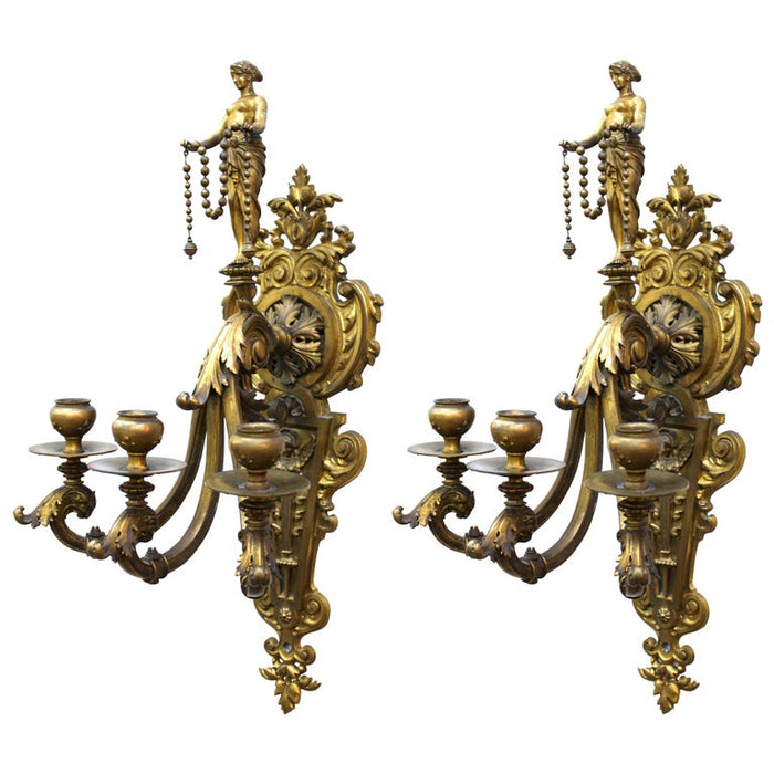 American Gilded Age Neoclassical Style Candelabra Sconces in Gilt Bronze