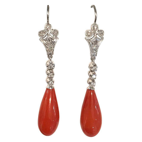 Art Deco Platinum Coral and Diamond Drop Earrings