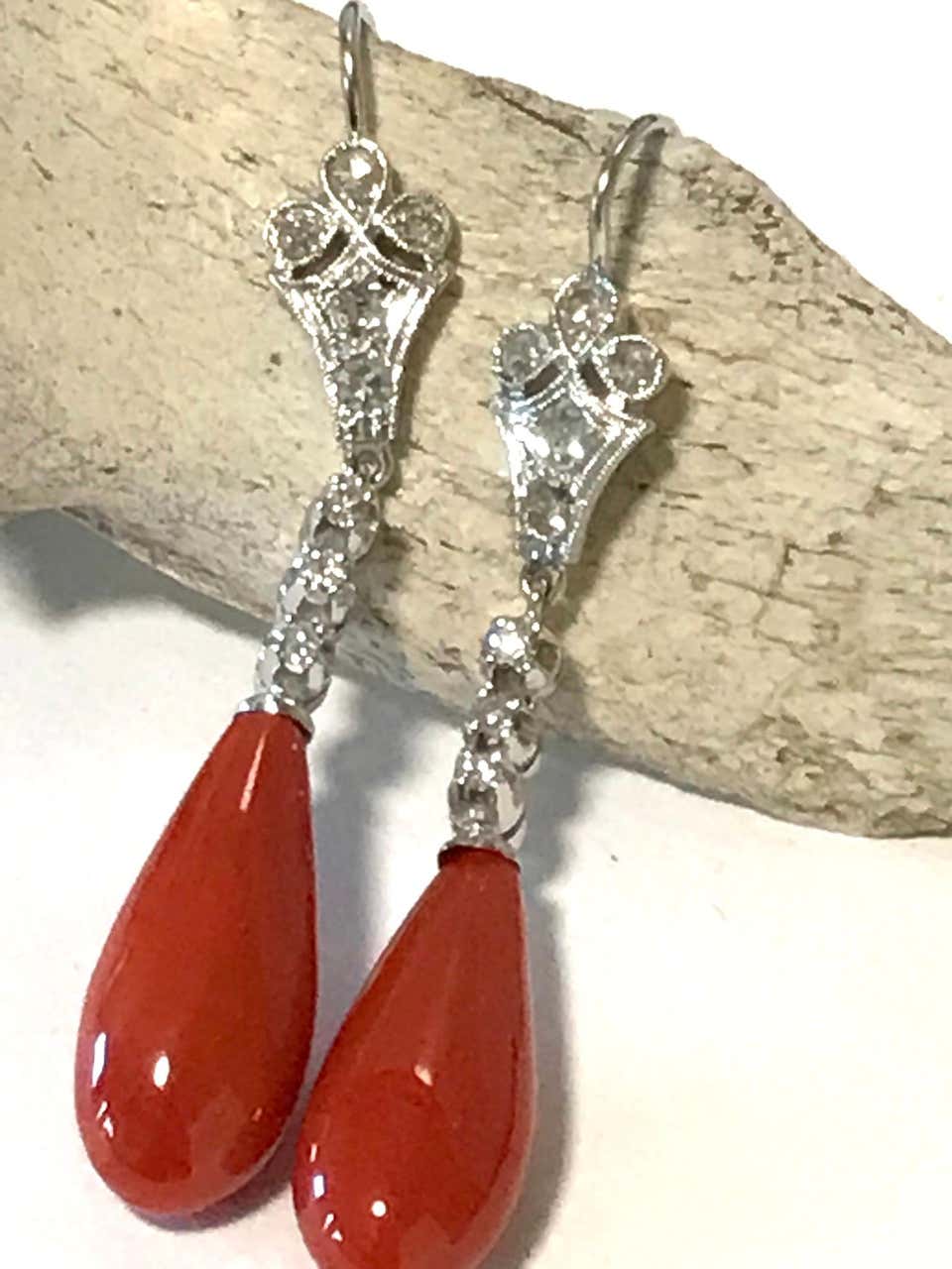 Art Deco Style Coral & Diamond Drop Earrings – Ellibelle Jewellery