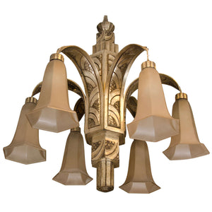 French Art Deco Silvered Bronze Chandelier with Frosted Glass Shades (6719799066781)