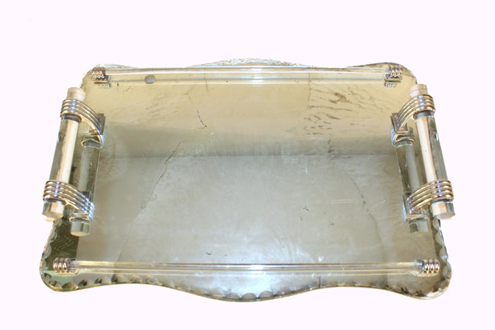 French Art Deco Style Serving Tray in Glass, Lucite, Nickel.