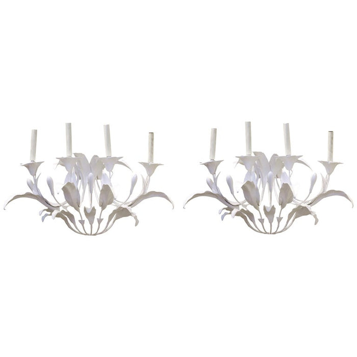 Art Nouveau Style Metal Floral Candelabra Sconces in White