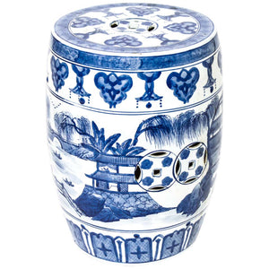 Asian Blue & White Porcelain Garden Seat with Temple Scenes (6719968182429)