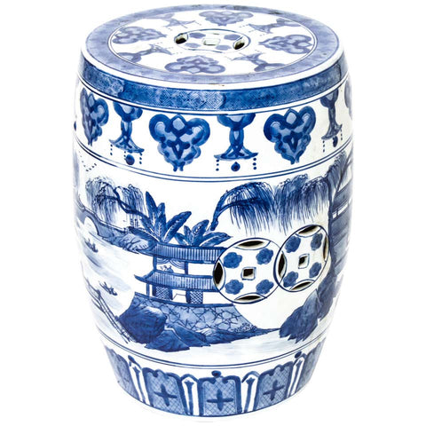 Asian Blue & White Porcelain Garden Seat with Temple Scenes