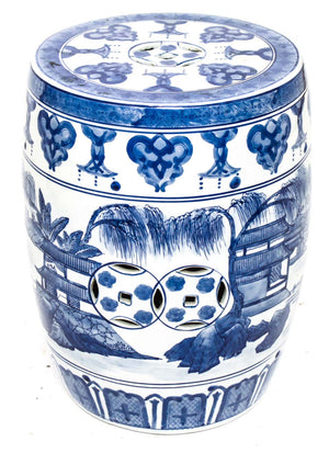 Asian Blue & White Porcelain Garden Seat with Temple Scenes (6719968182429)