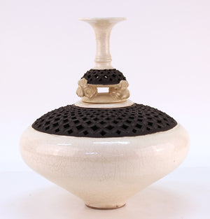 Asian Style Studio Pottery Vessel with Sculptural Lid, Signed front (6719847366813)